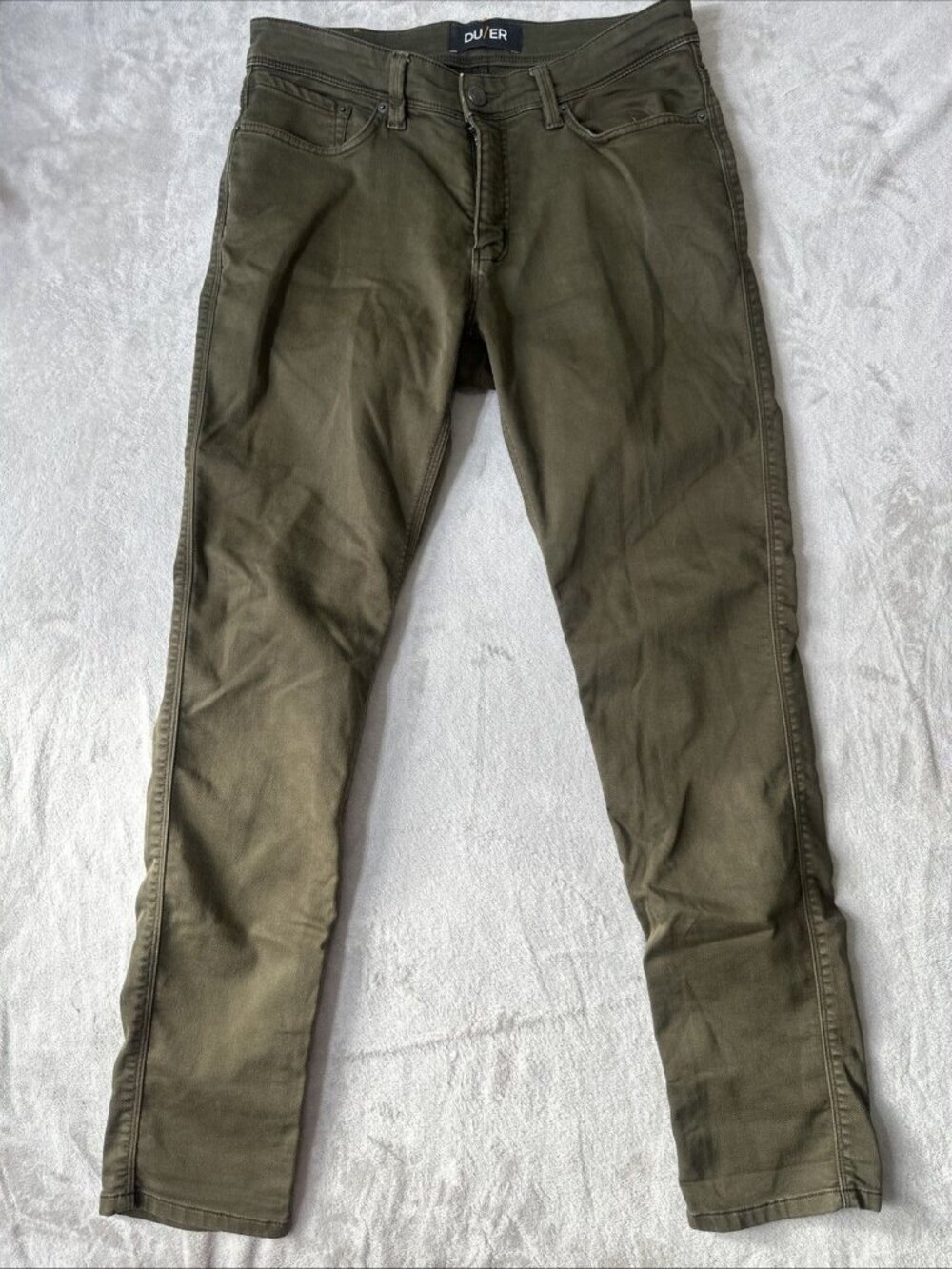 DU/ER performance denim olive green stretch jeans pants slim tapered men’s 31x3